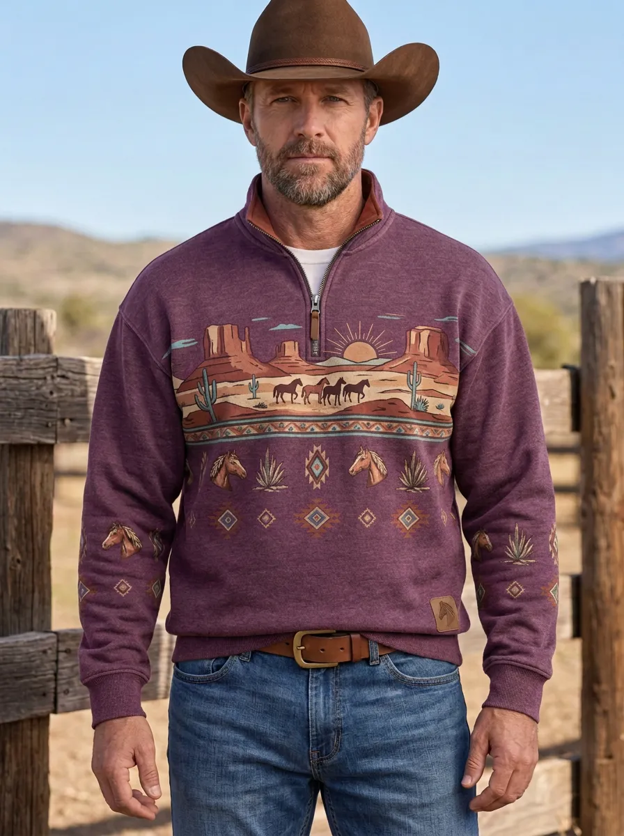 Men's Heritage Inspired Western Cowboy Horse Desert Quarter-Zip Sweatshirt