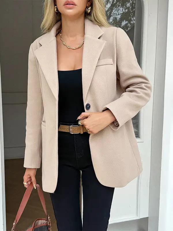 Long Sleeve Button Front Pocket Solid Color Notched Jacket