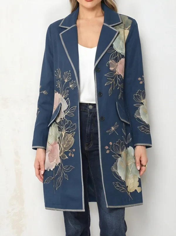 Women's Floral Dragonfly Botanical Printed Long Blazer Coat