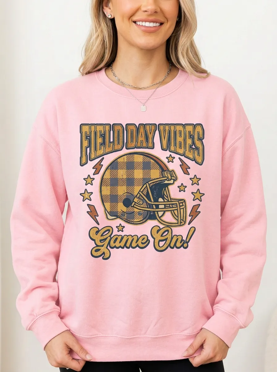 Women's Football Lover Plaid Helmet Field Day Vibes Graphic Sweatshirt