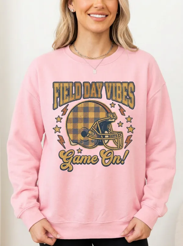 Women's Football Lover Plaid Helmet Field Day Vibes Graphic Sweatshirt