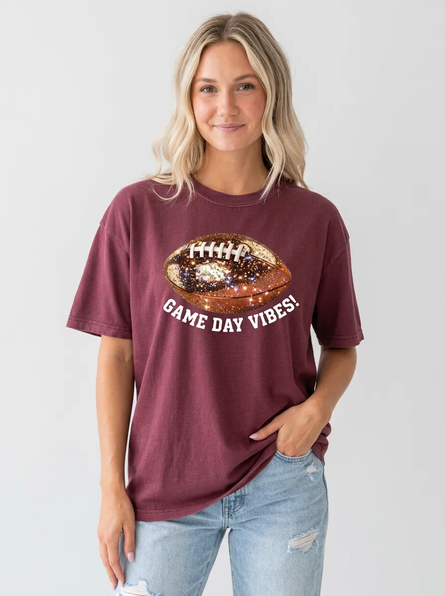 Women's Athletic Inspired Football Ball Sparkle Crew Neck Graphic T-Shirt