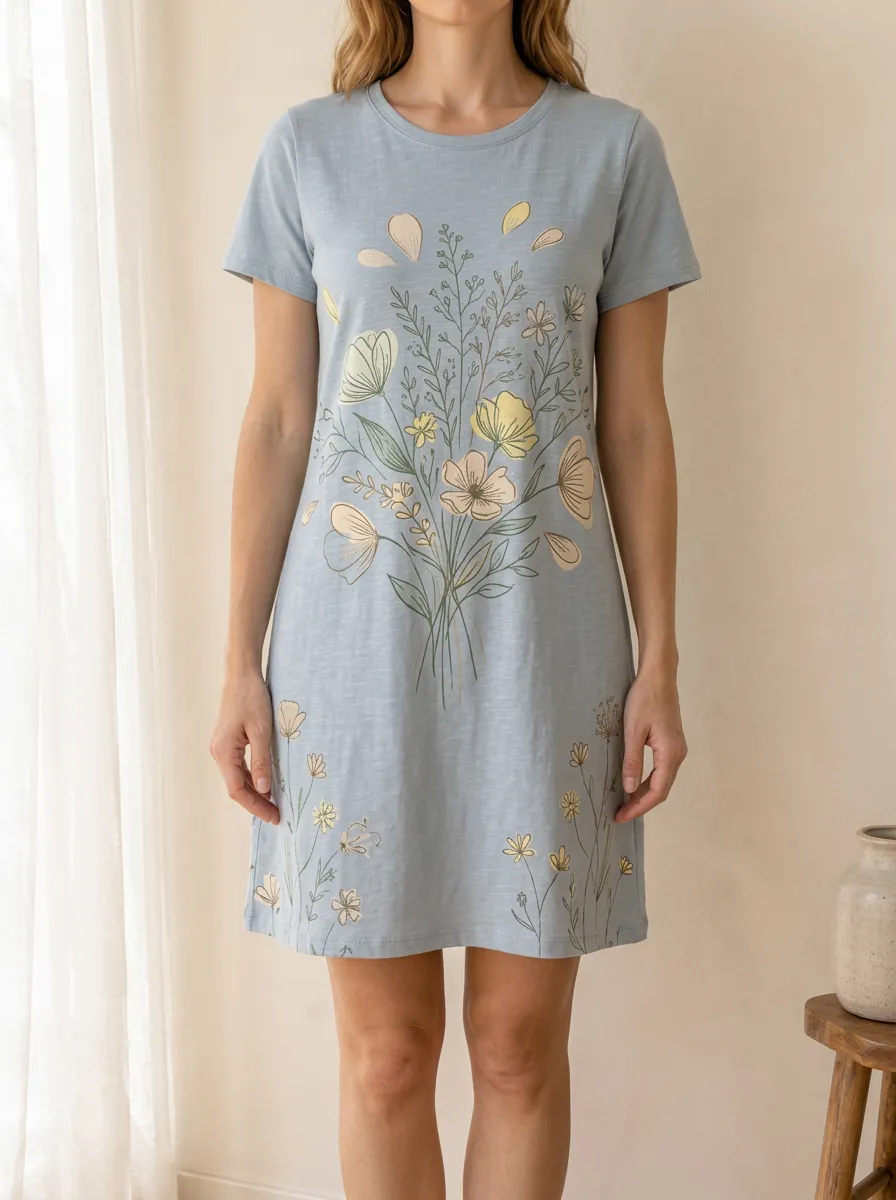 Women's Botanical Floral Bouquet Printed T-shirt Dress