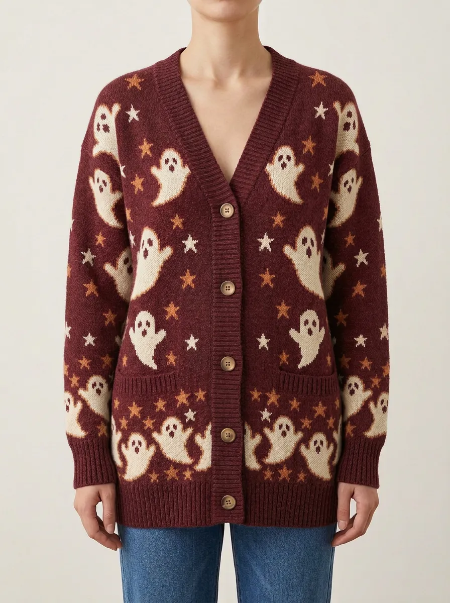 Women's Halloween Ghost Star Knit Cardigan