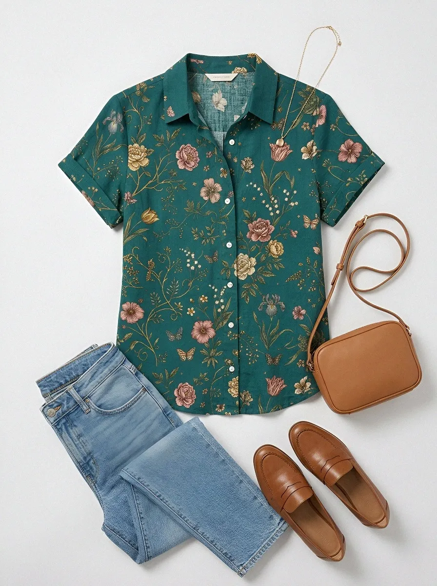 Women's Botanical Floral Vintage Garden Printed Short Sleeve Shirt