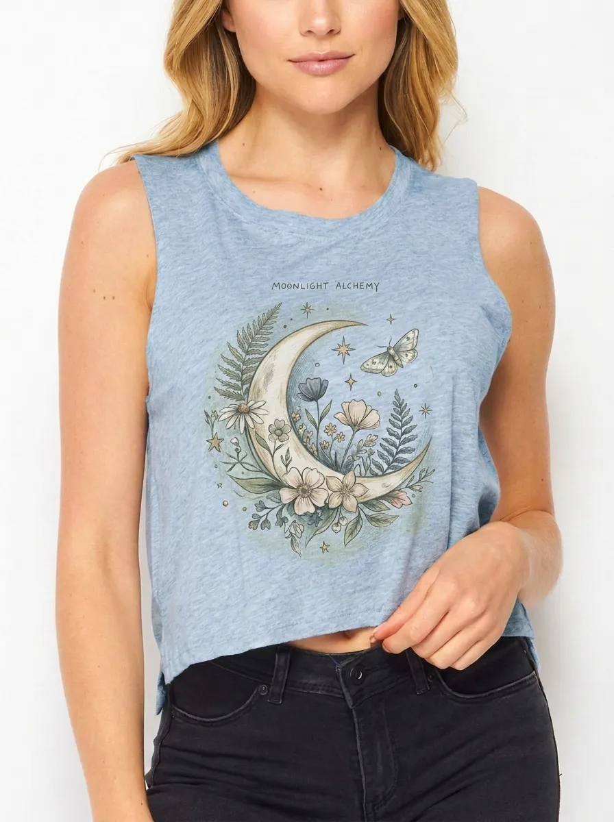 Women's Celestial Floral Moon Moth Printed Tank Top