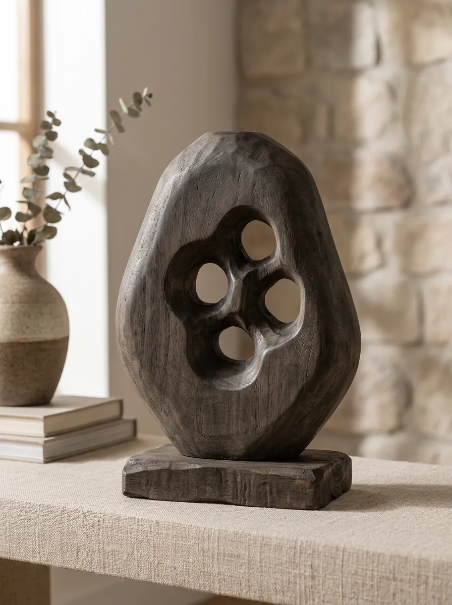 Modern Home Decor Abstract Geometric Carved Wood Table Sculpture