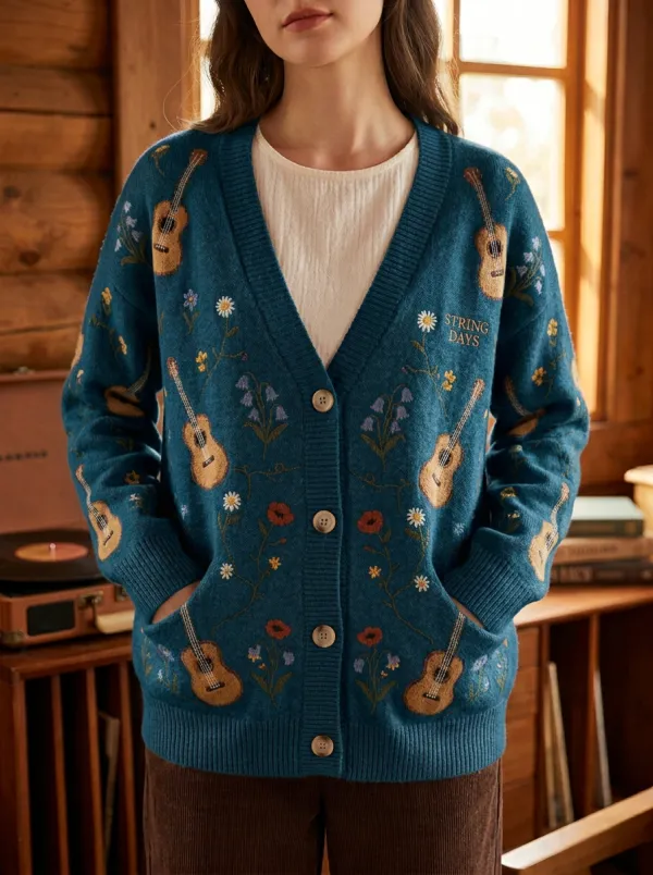 Folk-Inspired Guitar Women's Country Music Casual Cardigan