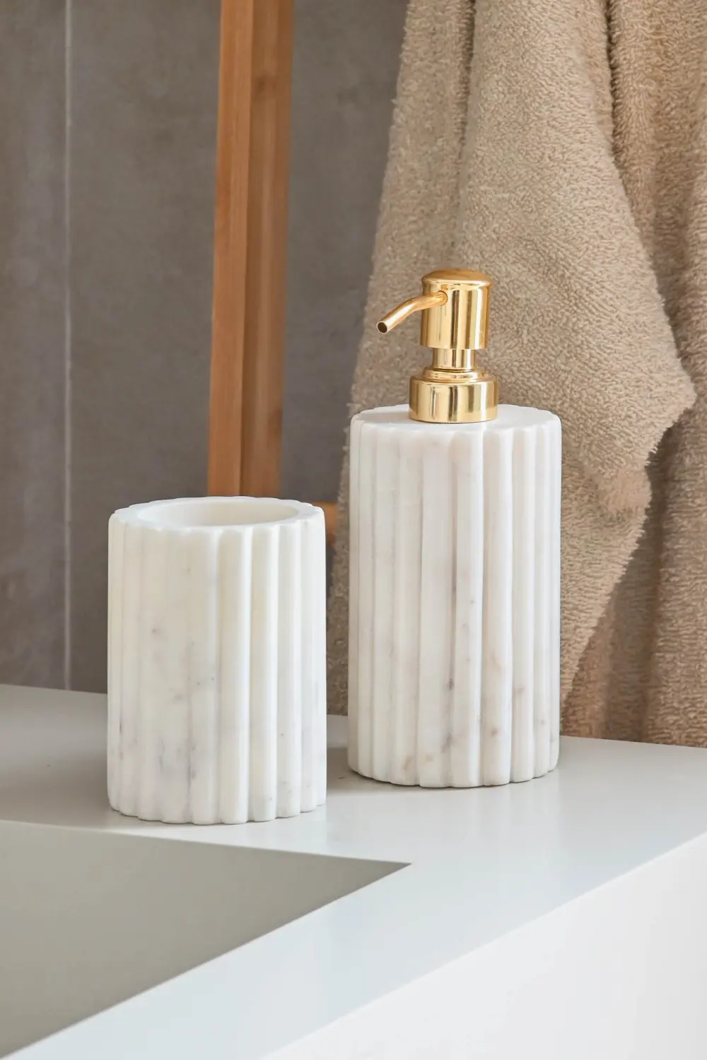White Marble Dispenser Tumbler Set