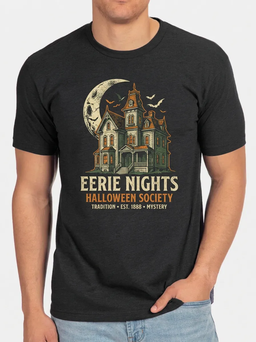 Men's Halloween Haunted House Moon Bats Printed T-shirt