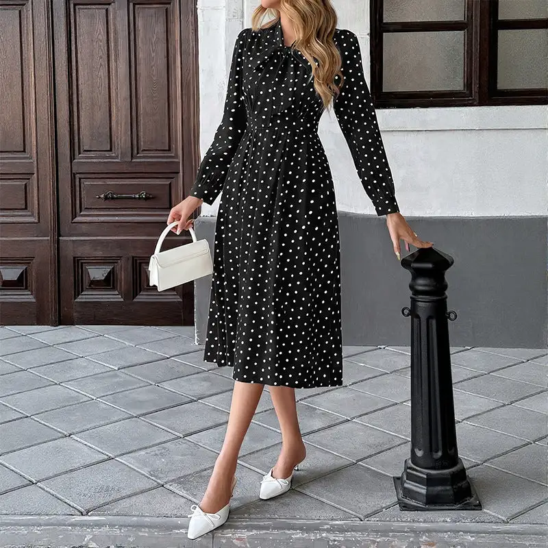 Women's Bodycon Long-Sleeve Lace Polka-Dot Midi Dress