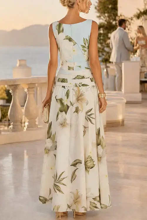 Margovil Boat Neck Sleeveless Floral Print A-line Maxi Dress