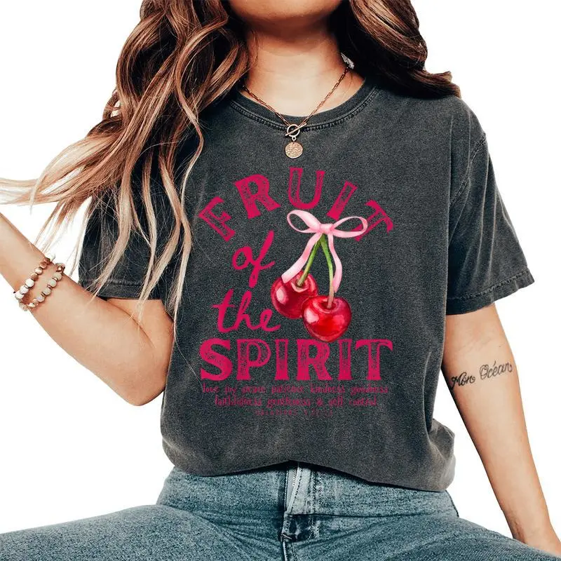 Fruit Of The Spirit Christian Coquette Pink Bow Cherries Women's Oversized Comfort T-Shirt