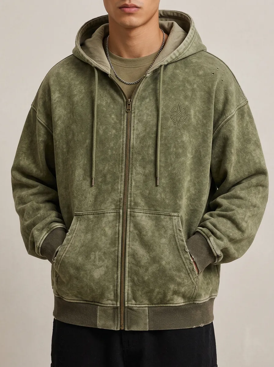 Men's Chest Embroidery Vintage Compass Graphic Distressed Zip-Up Hoodie