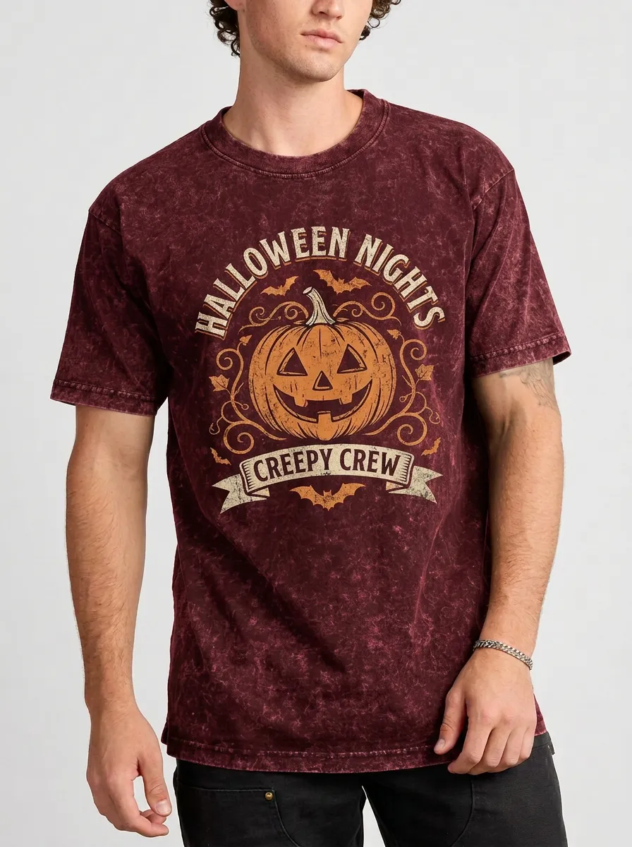 Men's Halloween Creepy Crew Pumpkin Printed Acid Wash T-shirt
