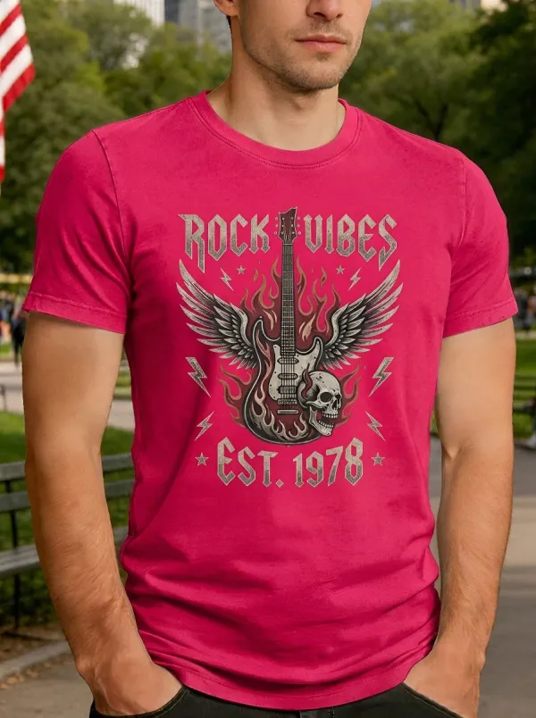 Men's Rock Music Lover Guitar Skull Wings Printed T-shirt