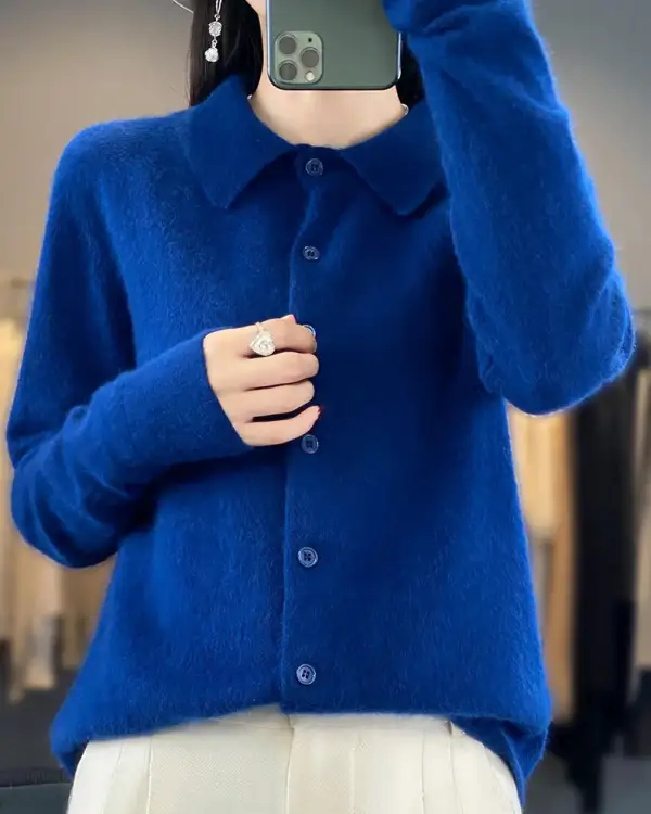Mink-Cashmere Cashmere Button-Front Polo-Collar Cardigan