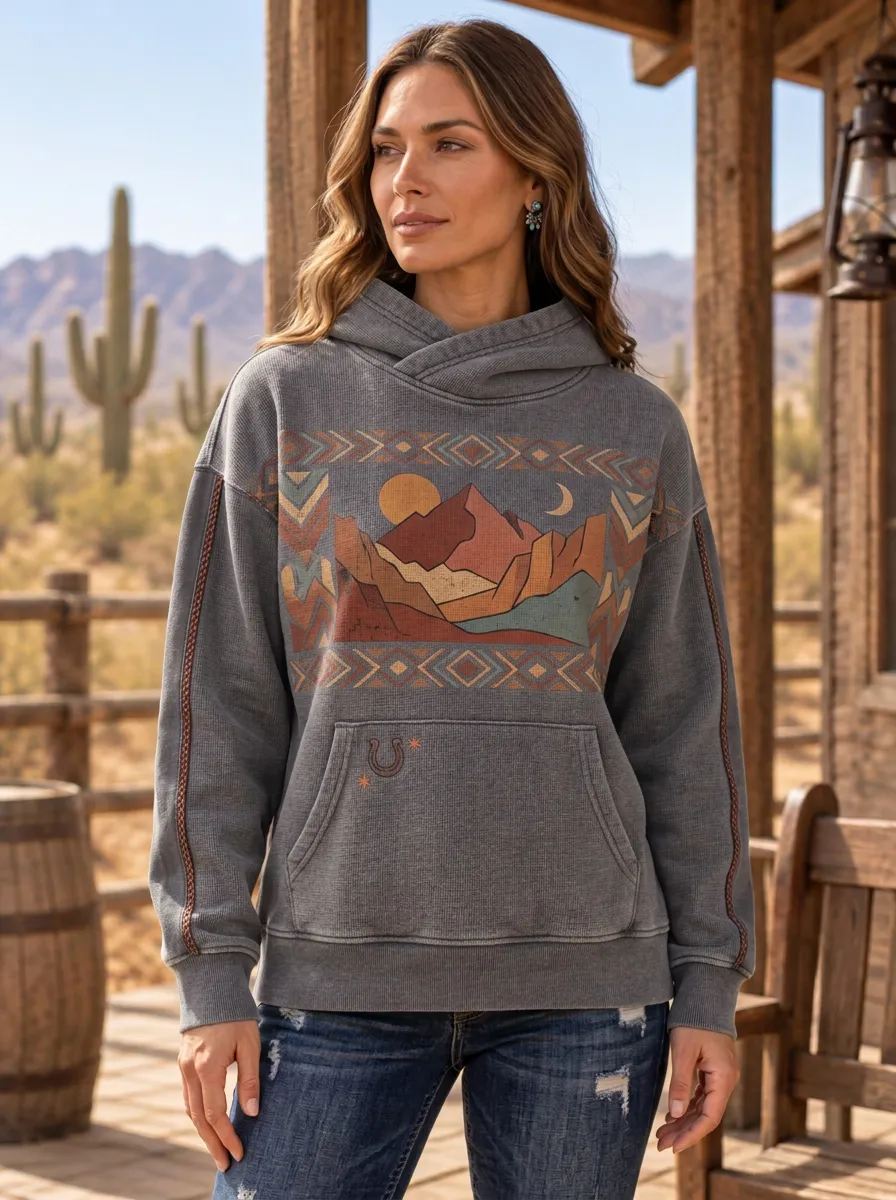 Women's Western Desert Mountain Geometric Printed Hoodie