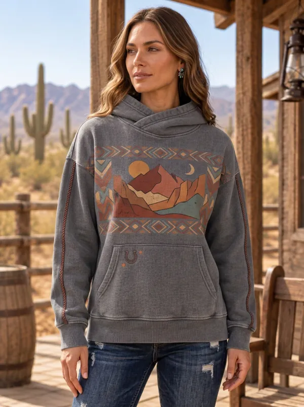 Women's Western Desert Mountain Geometric Printed Hoodie