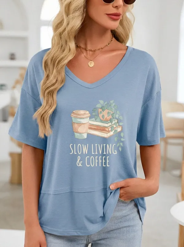 Women's Slow Living Coffee Books Plant Printed V-Neck T-shirt