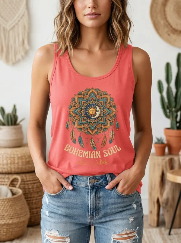 Bohemian Soul Sun Moon Mandala Feather Tank Top