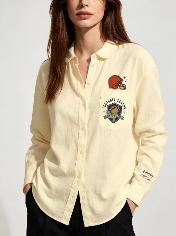 Women's Football Season Helmet Shield Printed Button-up Shirt
