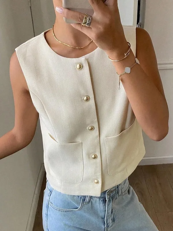 Beige Pocket Round Neck Vest