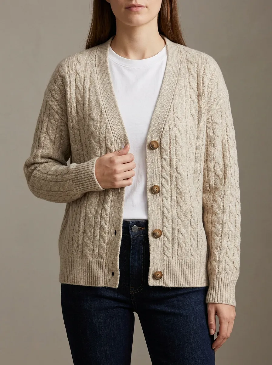 Women's Modern Cable Knit Button Front V Neck Cardigan
