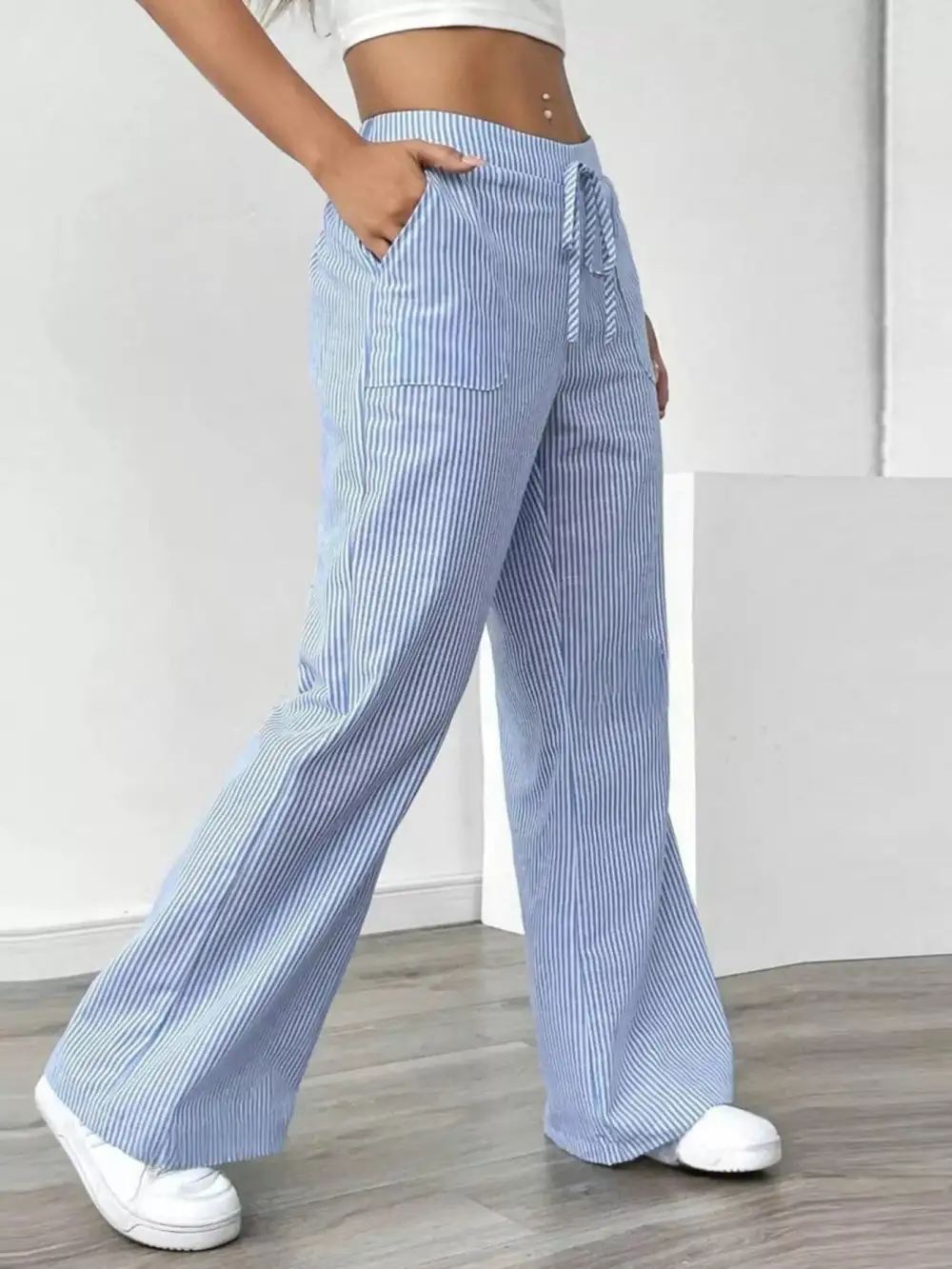 Wide Leg Striped Pocketed Casual Pants