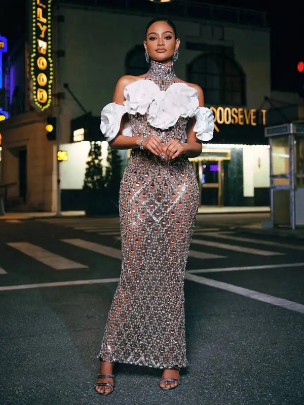 Liora Flower Sequin Crystal Maxi Dress