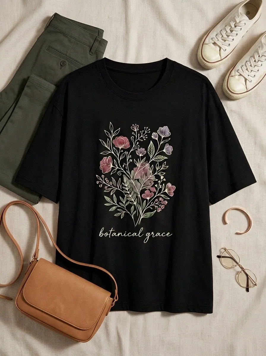 Women's Botanical Grace Floral Bouquet Printed T-shirt