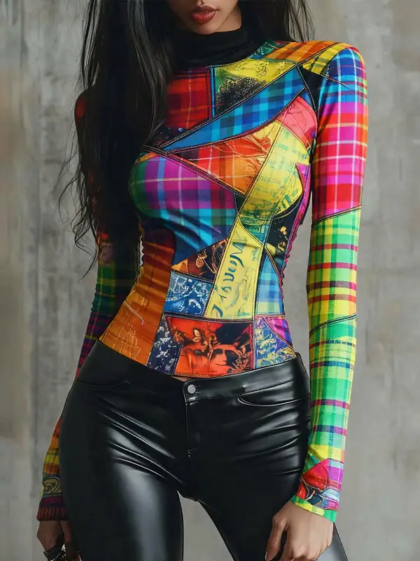 Long Sleeve Slim Fit Contrast Mock Neck Blouse