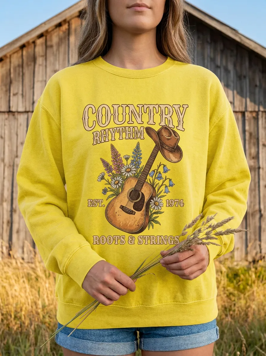 Heritage Guitar Cowboy-Hat Women's Country Music Crew Neck Sweatshirt