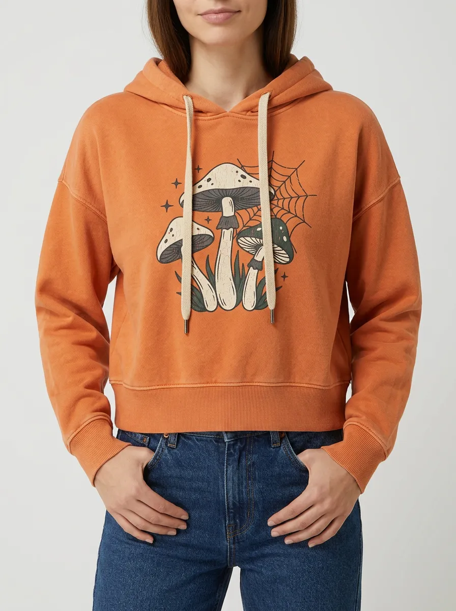 Women's Halloween Spooky Mushroom Spiderweb Printed Hoodie