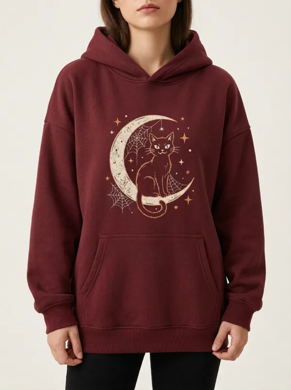 Women's Halloween Cat Moon Spiderweb Printed Hoodie