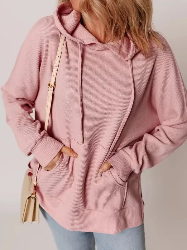 Drawstring Pocketed Oversized Waffle-Textured Hoodie