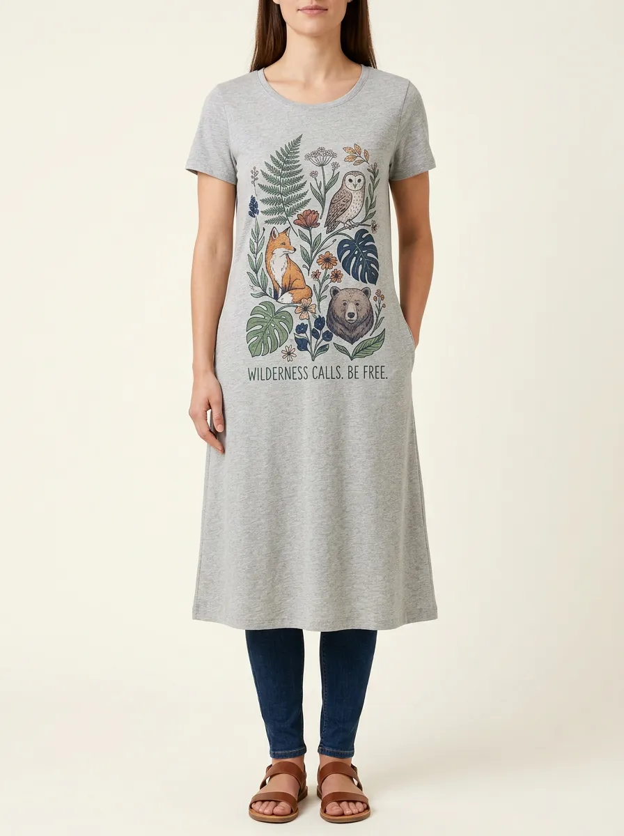 Nature Lover Wilderness Fox Owl Bear T-Shirt Dress