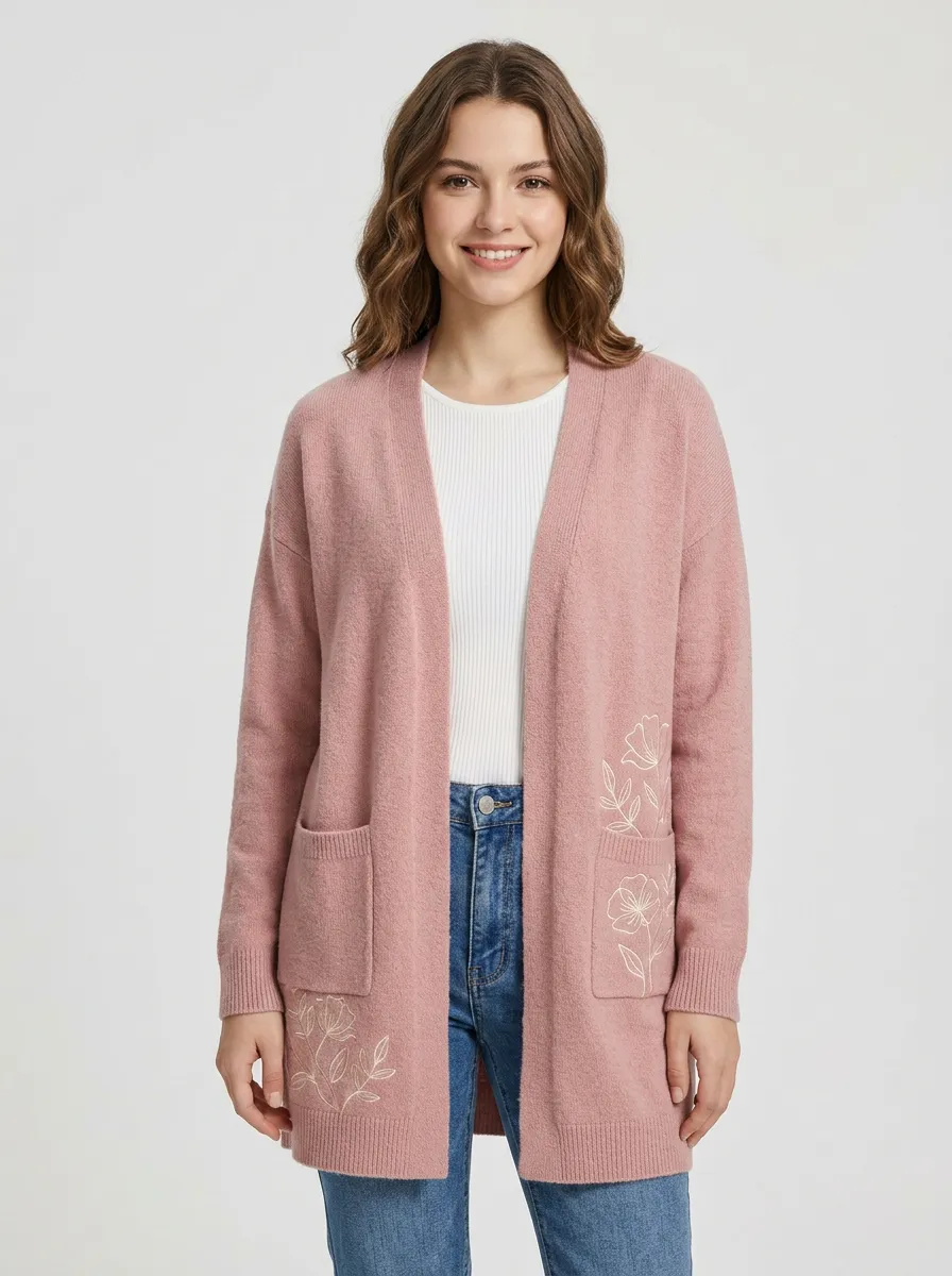 Pink Casual Floral Embroidered Cardigan