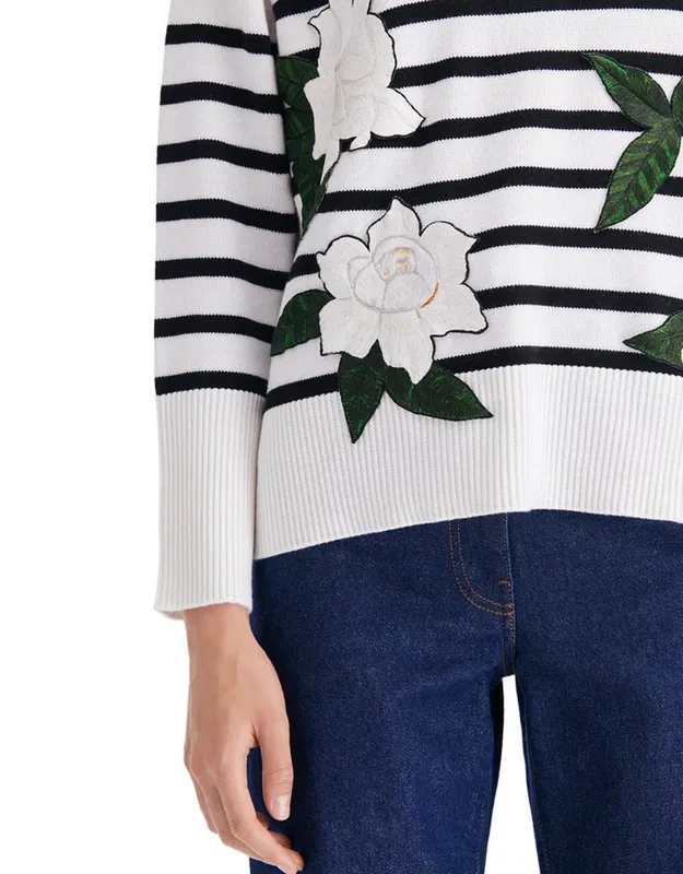Embroidered Ribbed Wool Blend Sweater