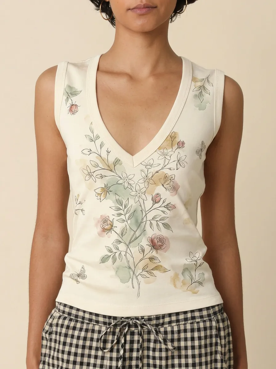 Women's Floral Butterfly Botanical Watercolor Printed Tank Top