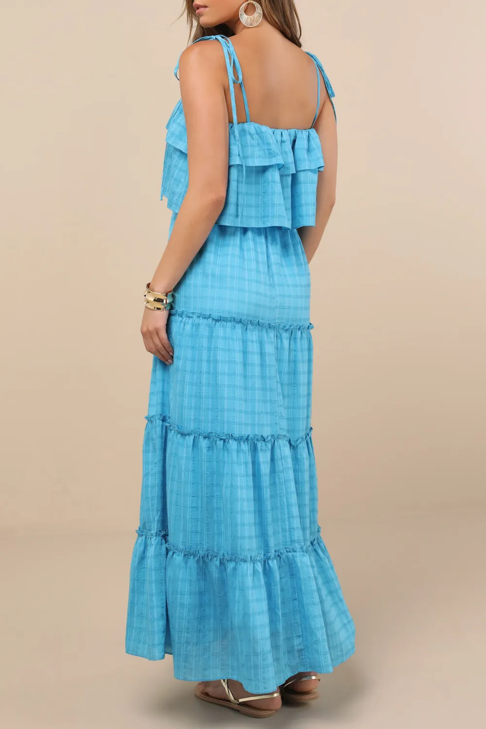 Casual Style  Ivory Textured Tie-Strap Tiered Maxi Dress