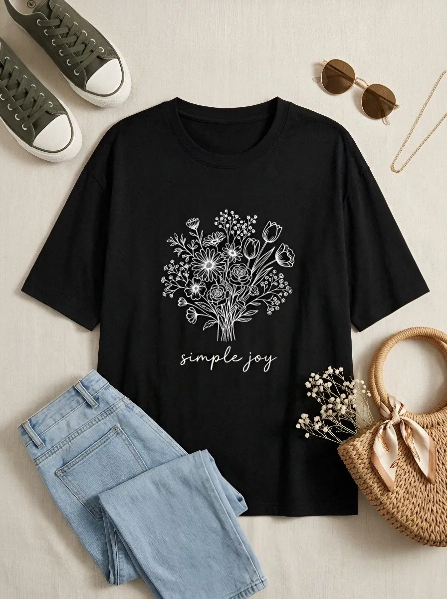 Women's Simple Joy Floral Bouquet Line Art Printed T-shirt