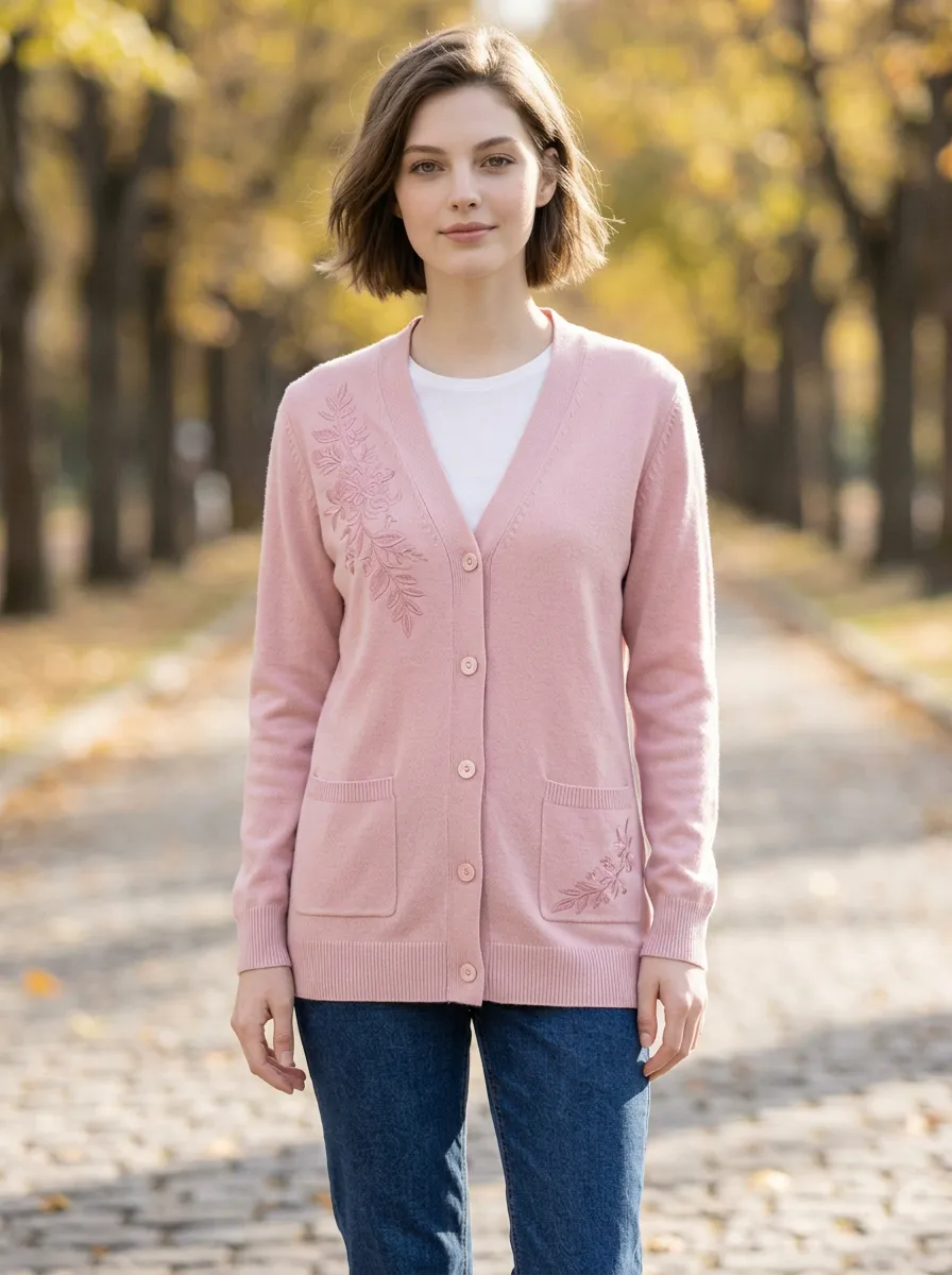 Women's Floral Embroidery Pink V-Neck Buttoned Cardigan