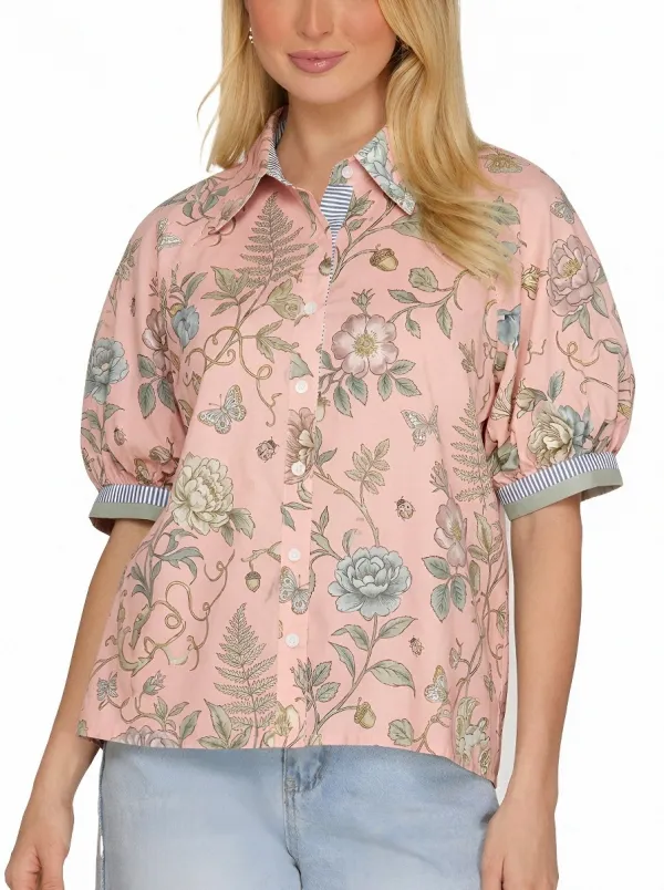 Women's Botanical Garden Floral Butterfly Printed Puff Sleeve Shirt