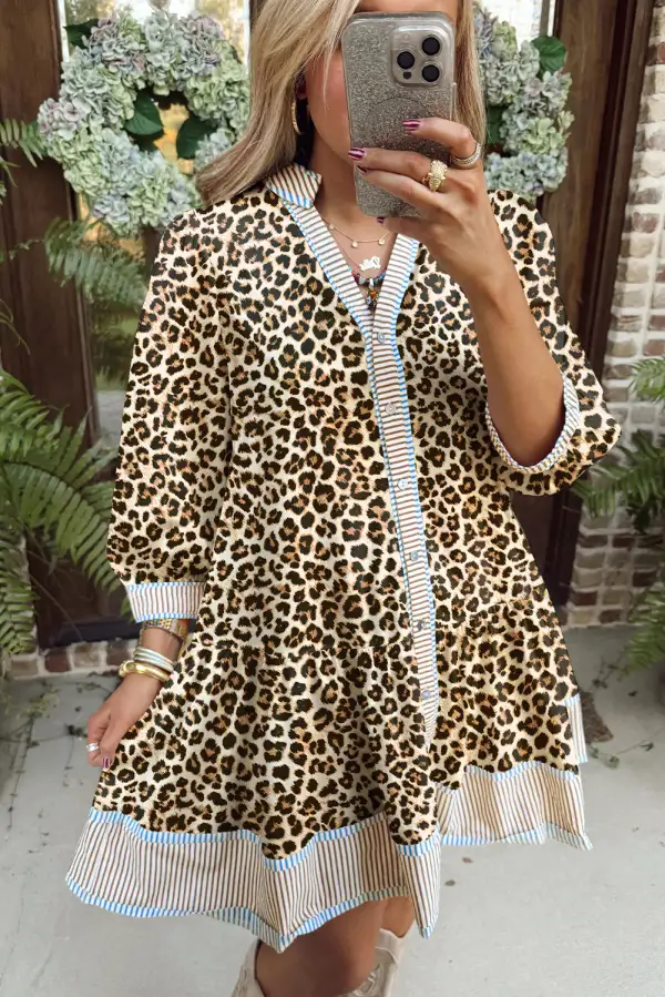 Lightweight Feel Striped Animal Print V Neck Mini Dress