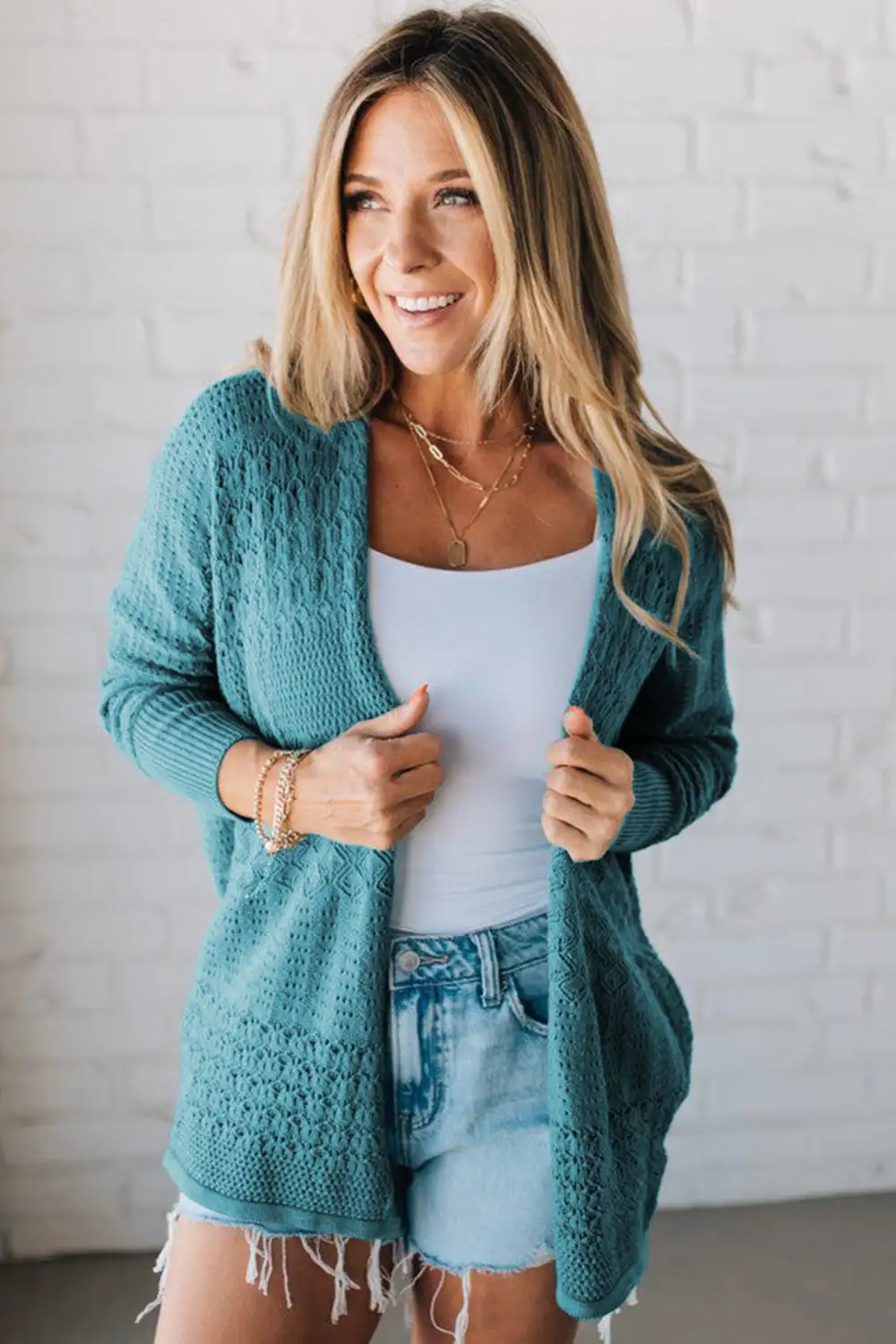 Mix Pattern Openwork Knit Open Front Cardigan