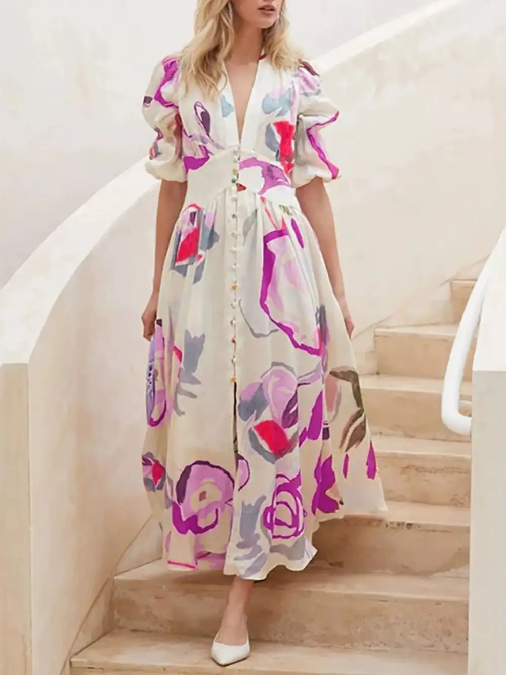 Full Size Abstract Puff Sleeve Midi Dress Plus Size