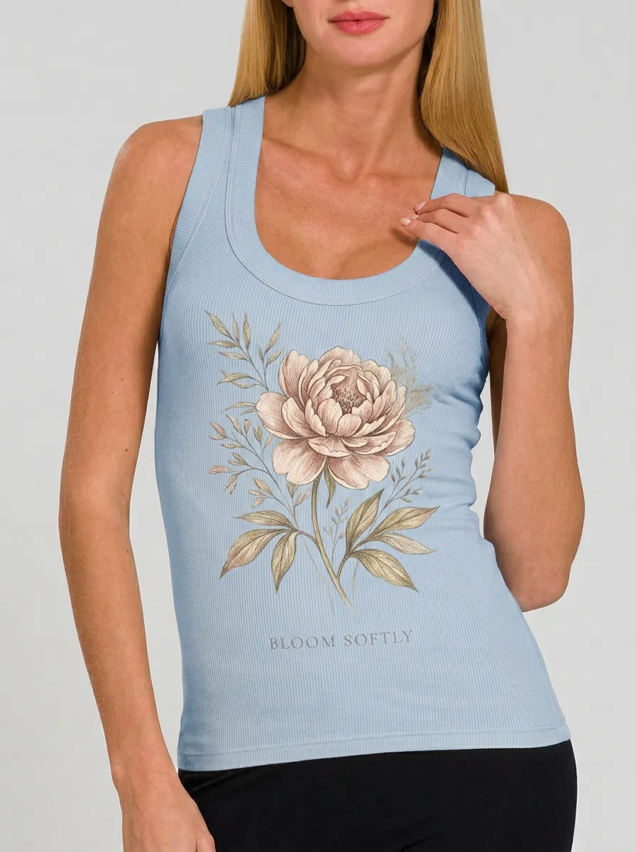 Women's Floral Lover Peony Bloom Softly Printed Ribbed Tank Top