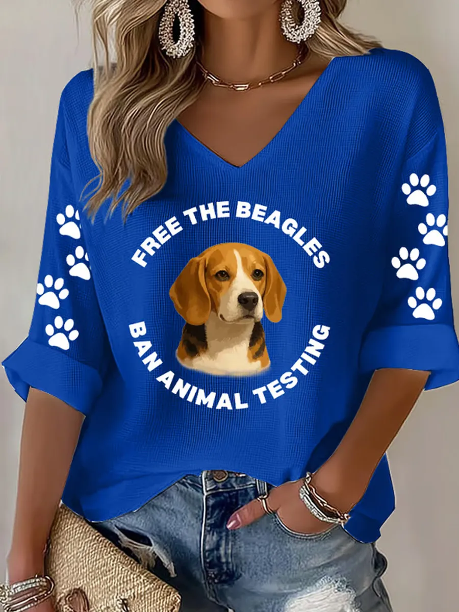 Women's Save The Beagles Print V Neck Top