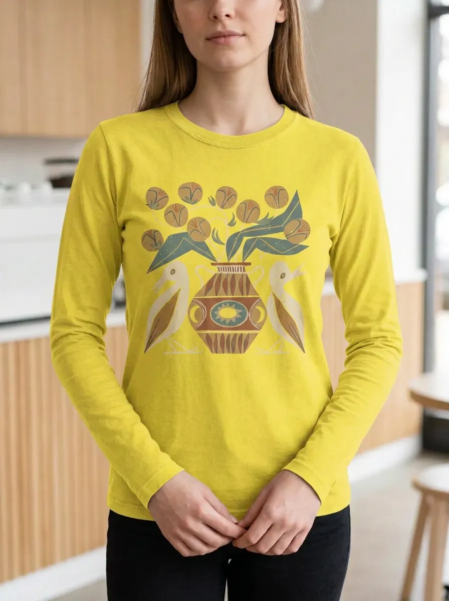 Women's Folk Art Bird and Floral Vase Printed Long Sleeve Top